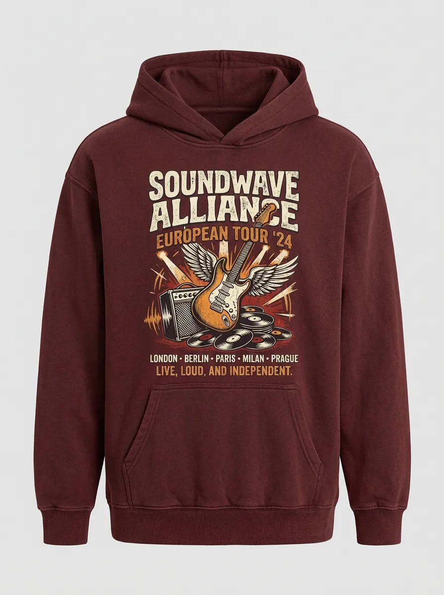 Men‘s Rock Band European Tour Winged Guitar Printed Hoodie
