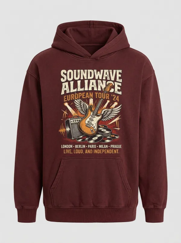Men‘s Rock Band European Tour Winged Guitar Printed Hoodie