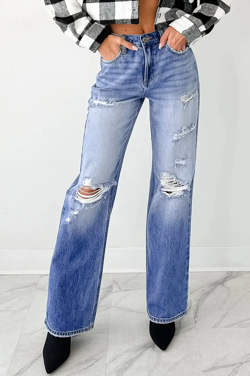 Mid Rise Straight Leg Distressed Denim Jeans