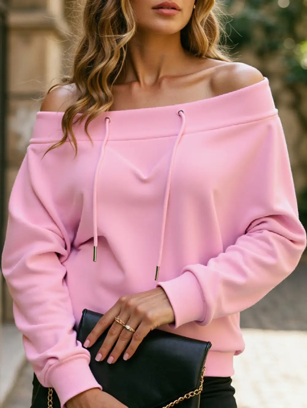 Loose Drawstring Off-Shoulder Boat Neck Top