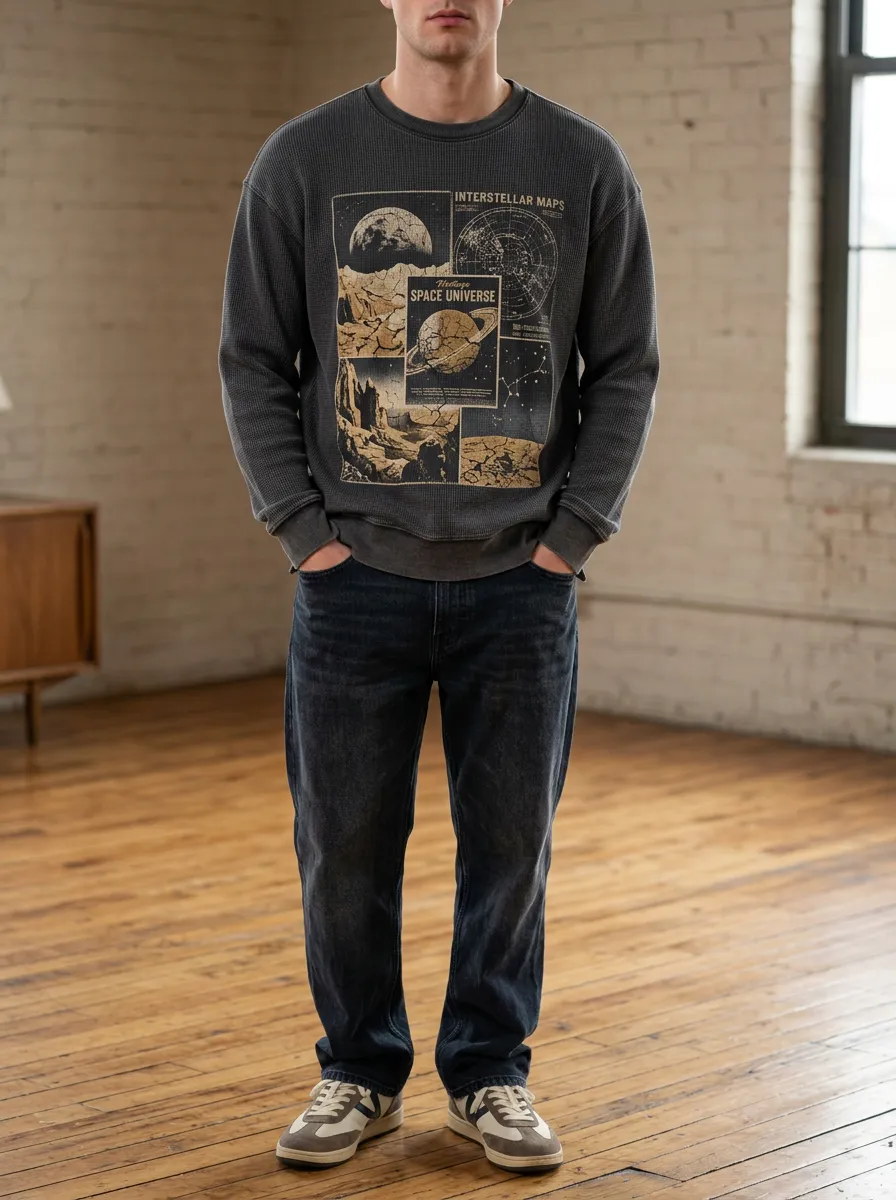 Men's Space Universe Interstellar Maps Printed Waffle Sweatshirt