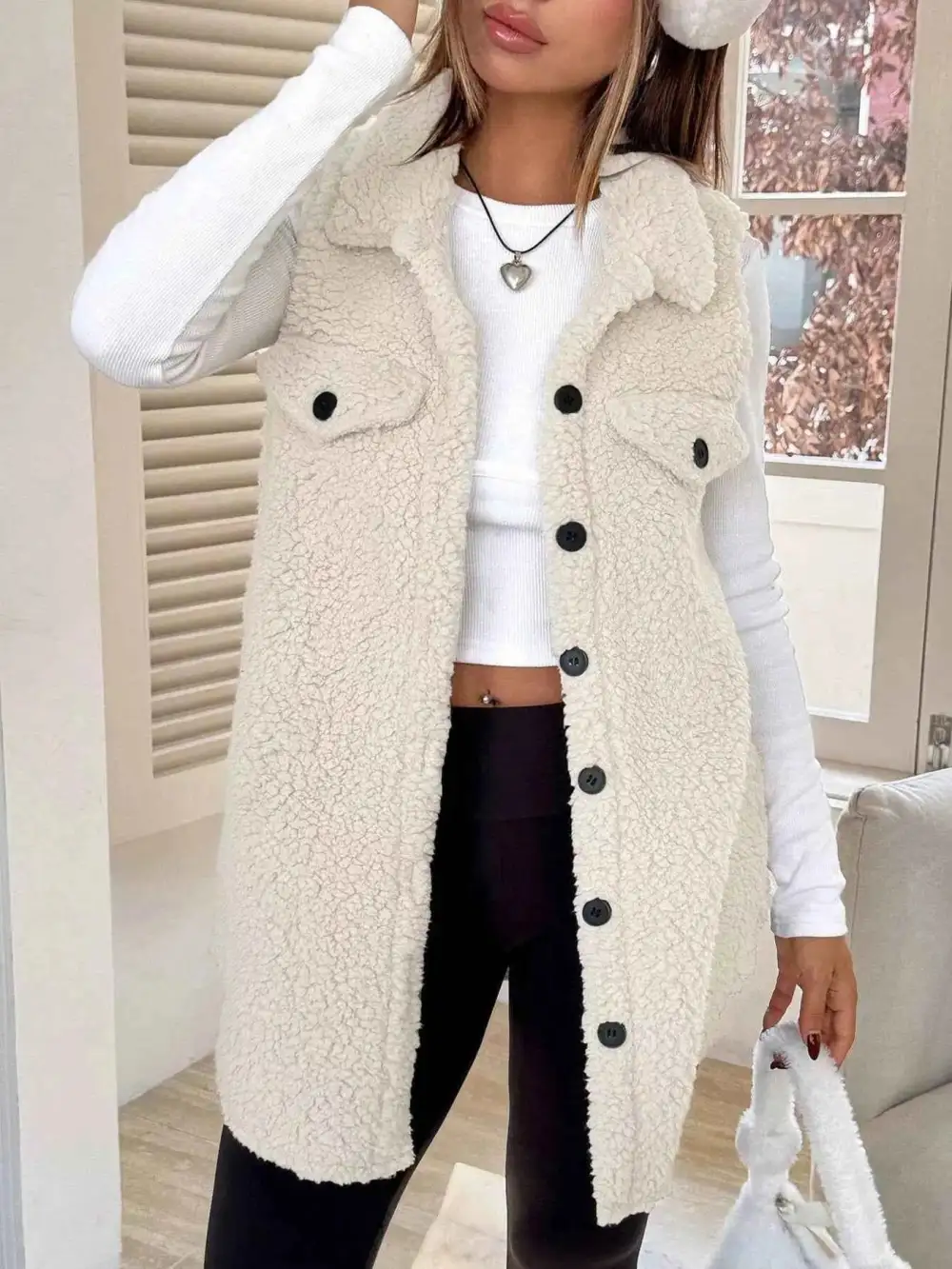 Button Down Sherpa Fleece Vest Coat