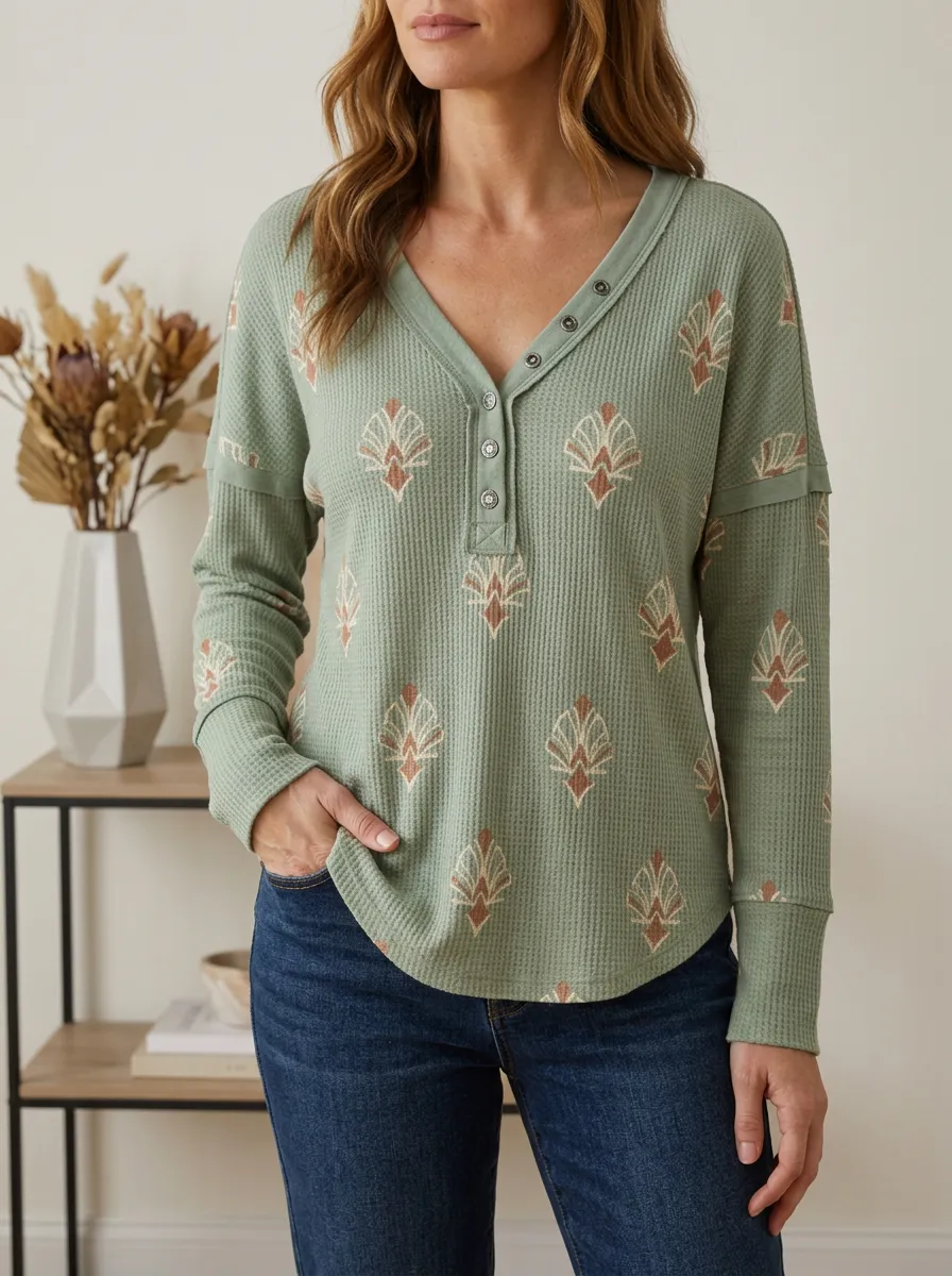 Women's Boho Floral Pattern Printed Waffle Knit Henley Top