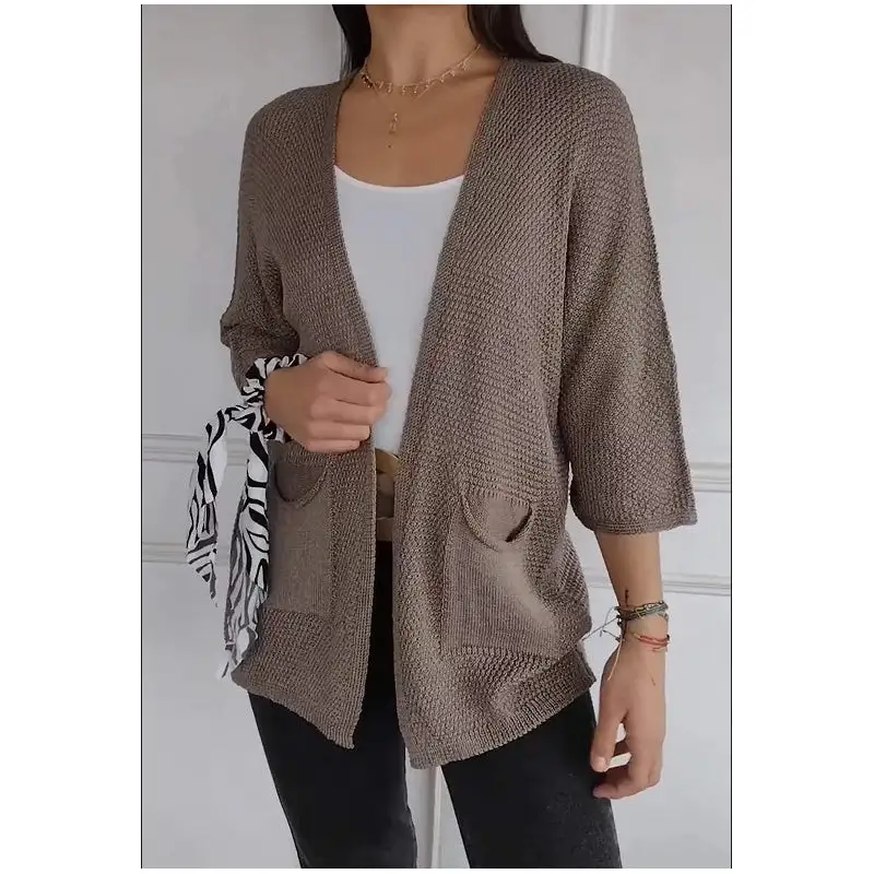 Women's Waffle-Knit Three-Quarter Sleeve Cardigan