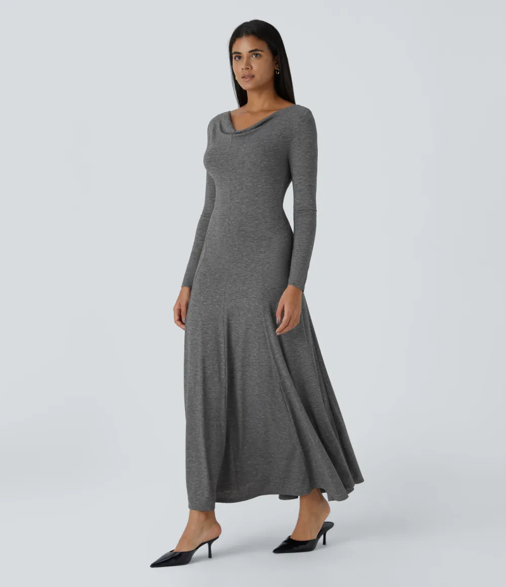 Cowl Neck Long Sleeve Flowy Flare Maxi Casual Dress