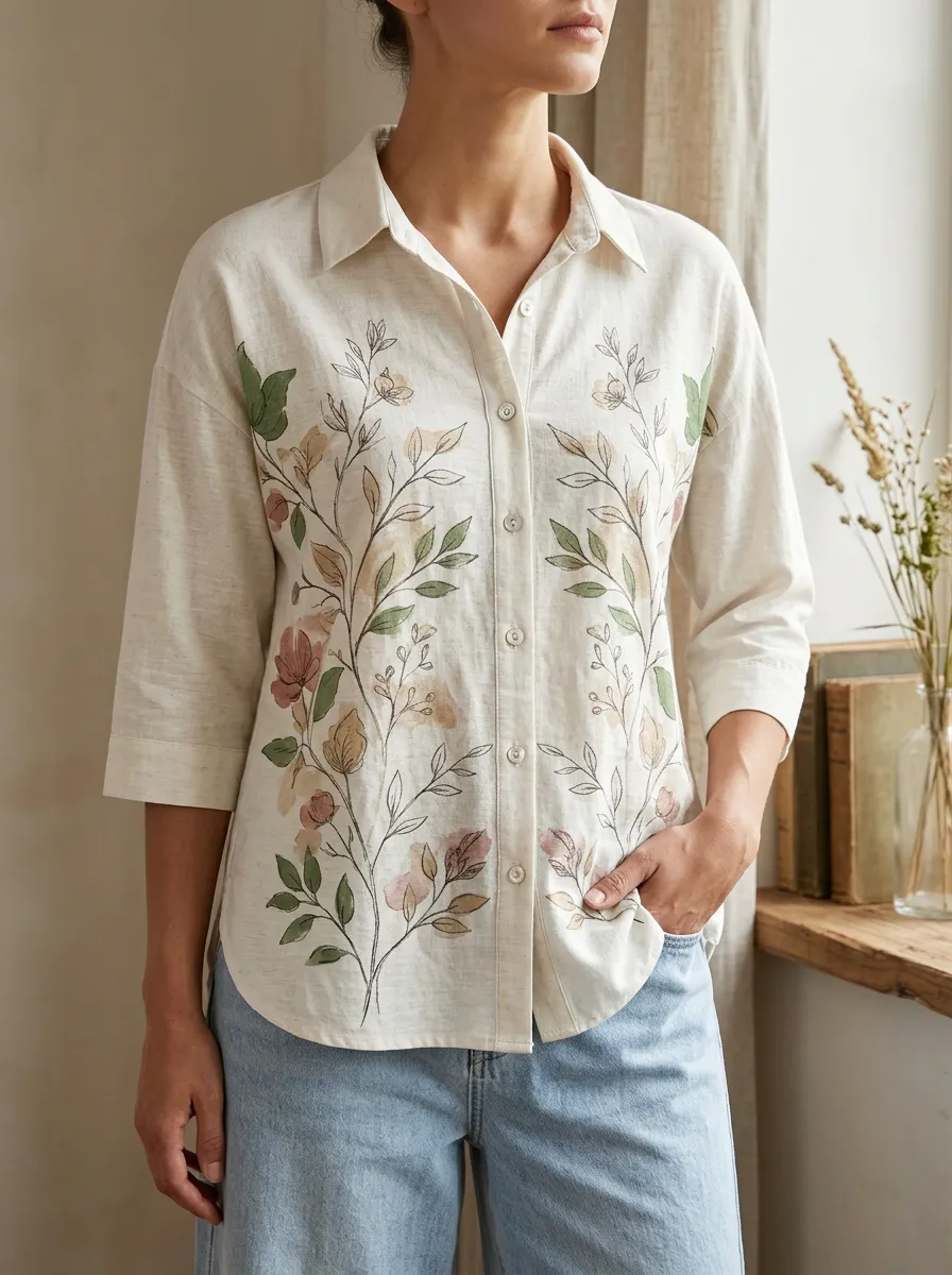 Women's Botanical Nature Lover Floral Watercolor Printed Shirt