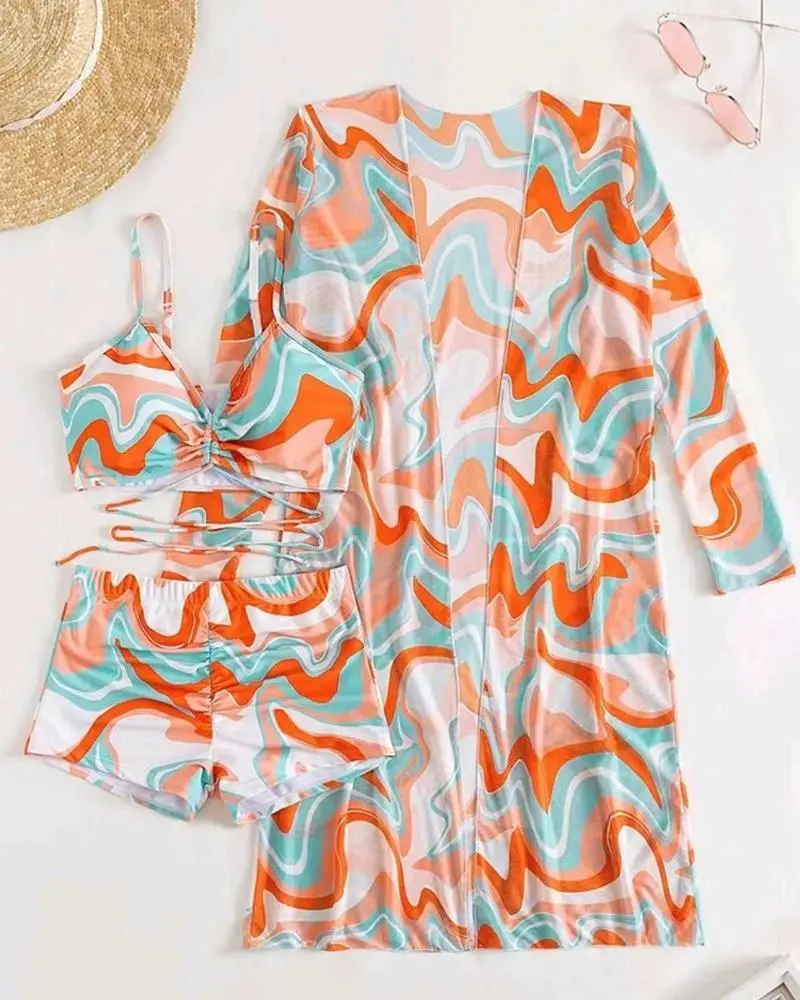 3PCS Abstract Print Drawstring Bikini Set With Cover Up