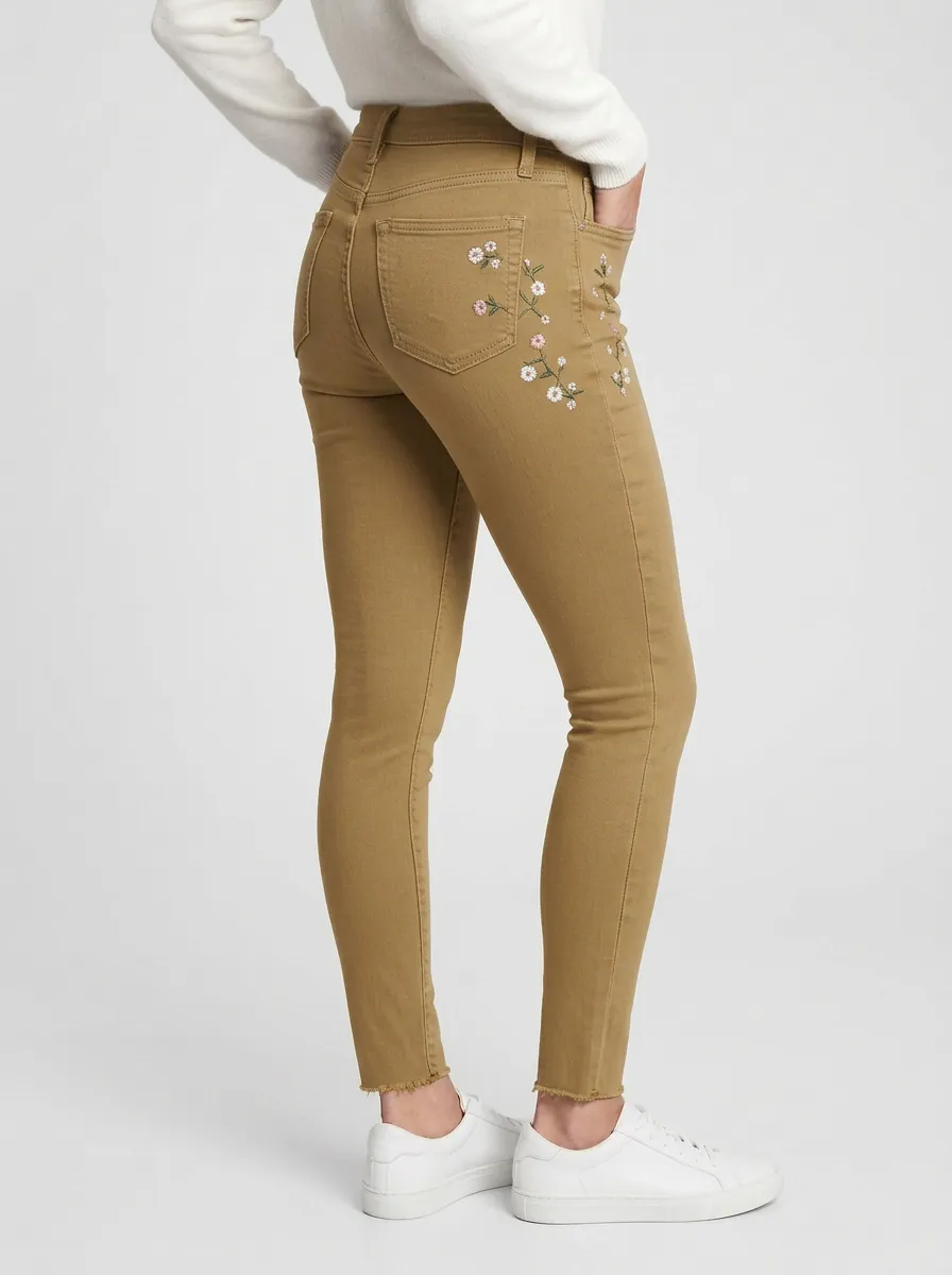Women's Floral Daisy Embroidered Printed Slim Jeans