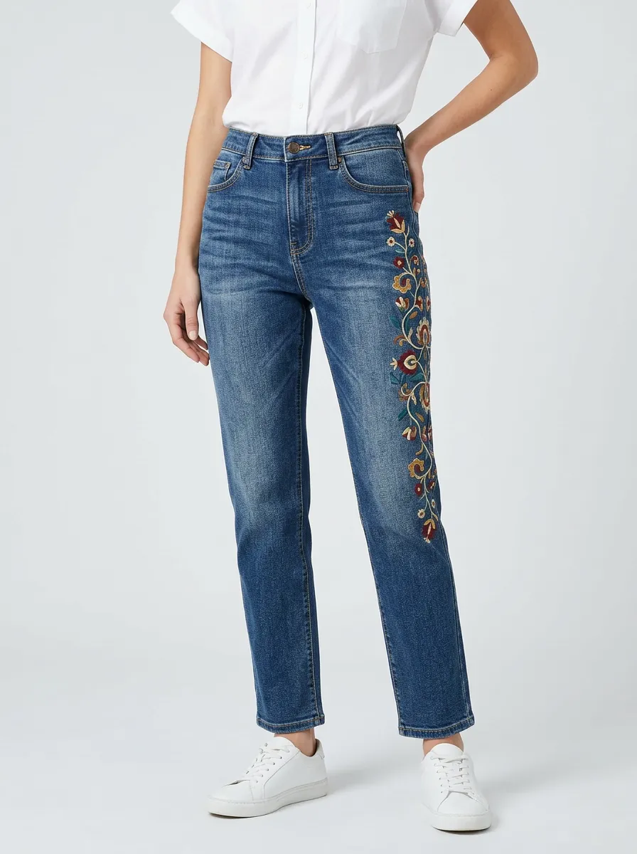 Women's Floral Embroidery Side Pattern Printed Straight Jeans