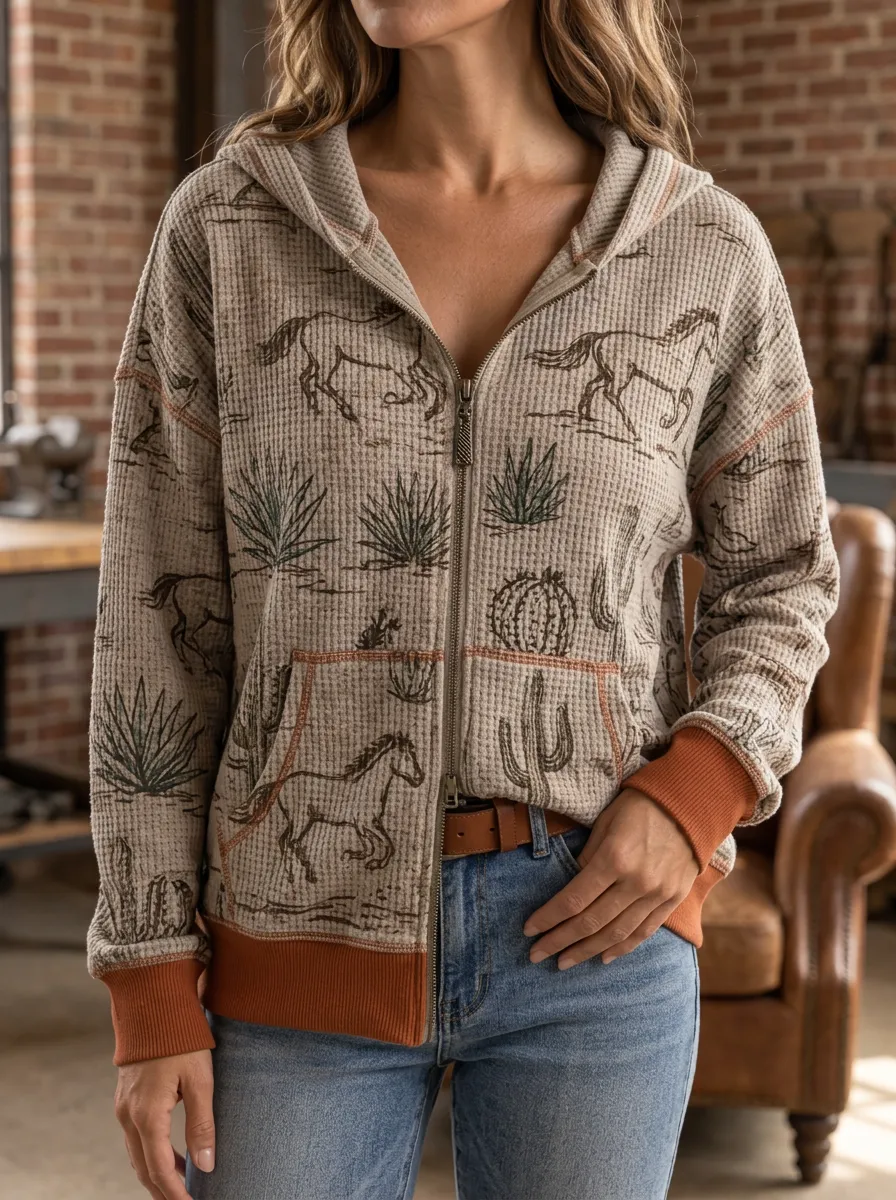 Women's Western Horse Cactus Waffle Printed Zip Hoodie