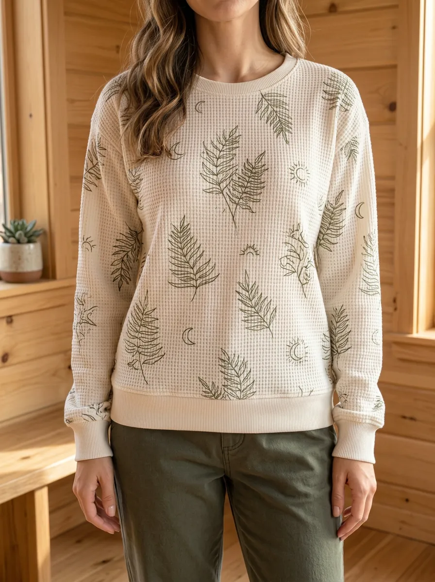Women's Botanical Moon Sun Printed Waffle Knit Crewneck Sweatshirt