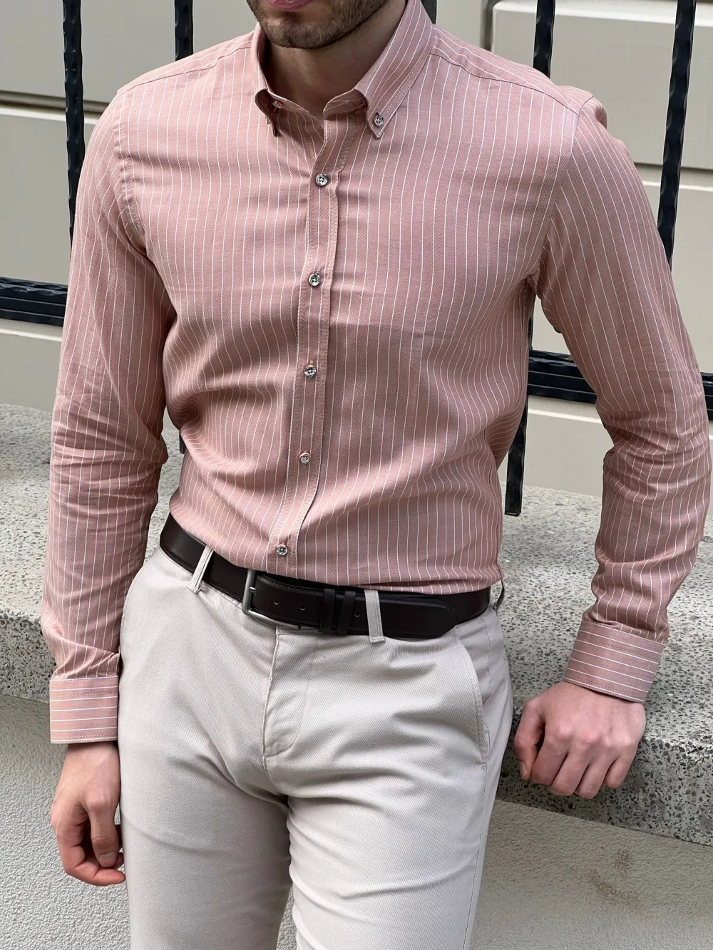 Textured Button Collar Slim Fit Striped Cotton Casual Shirt