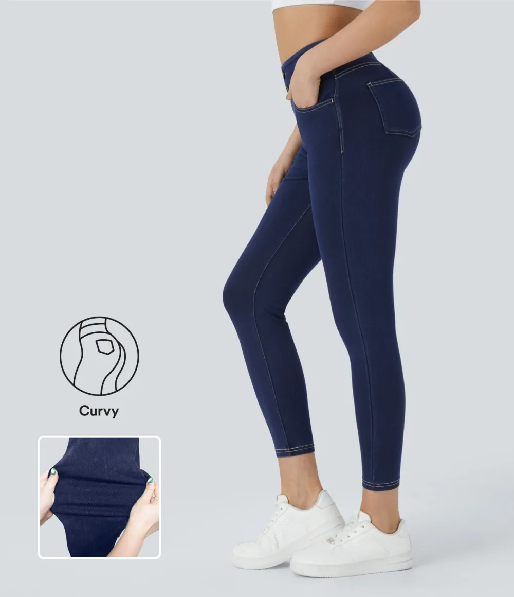 Magic Curvy High Waisted Decorative Button Multiple Pockets Stretchy Knit Denim Casual 7/8 Leggings
