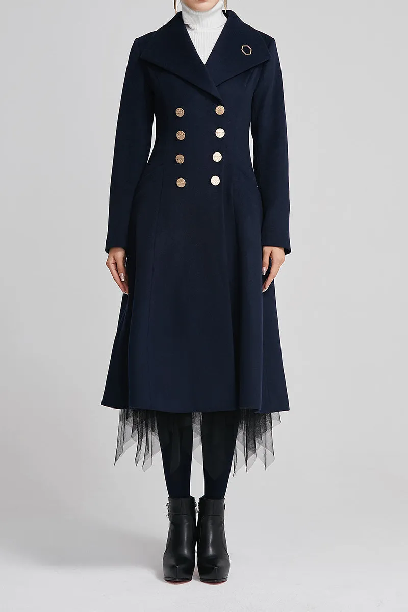 Relaxed Wool Tailored Double Breasted Lapel Collar Pocketed Long Coat