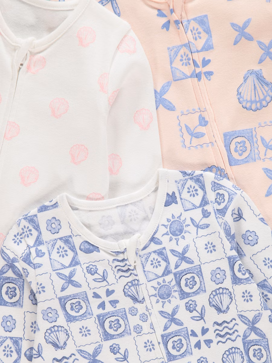 Seashell Zip Fasten Sleepsuit 3 Pack detail 1