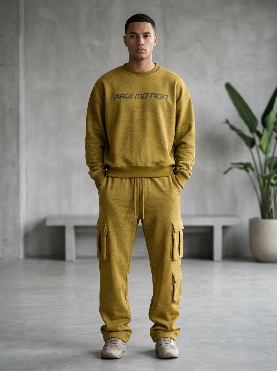 Coordinated Cargo Sweatpants Topographic Men's Two-Piece Tracksuit