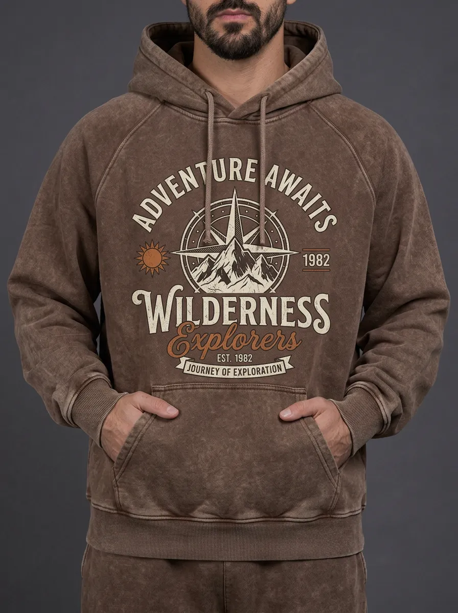 Men's Adventure Wilderness Explorer Mountain Compass Printed Hoodie