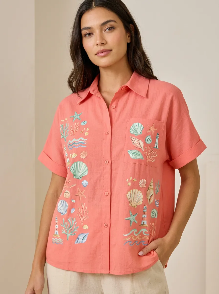 Women's Coastal Seashell Lighthouse Graphic Button-up Shirt Tank Top