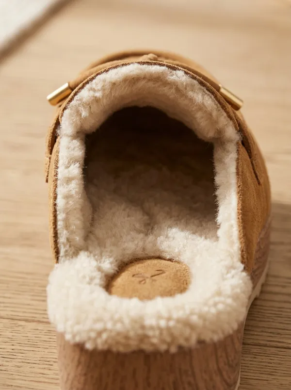 Women's Utility Faux Fur Lined Casual Suede Wood Sole Loafers
