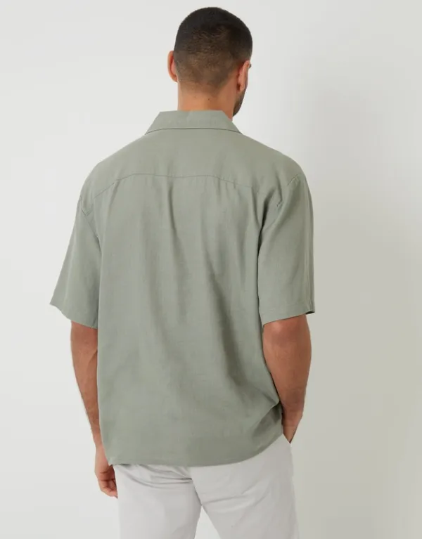 Sage Green Relaxed-Fit Linen-Blend Camp Collar Short-Sleeve Shirt