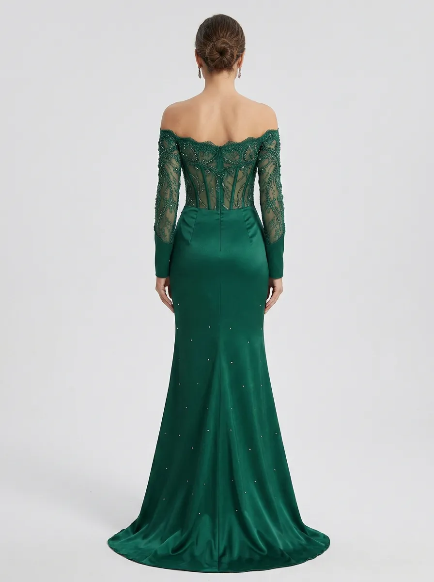Women's Off-Shoulder Lace Beaded Slit Evening Gown