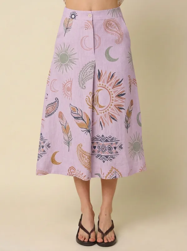 Women's Boho Celestial Sun Moon Feather Printed Skirt