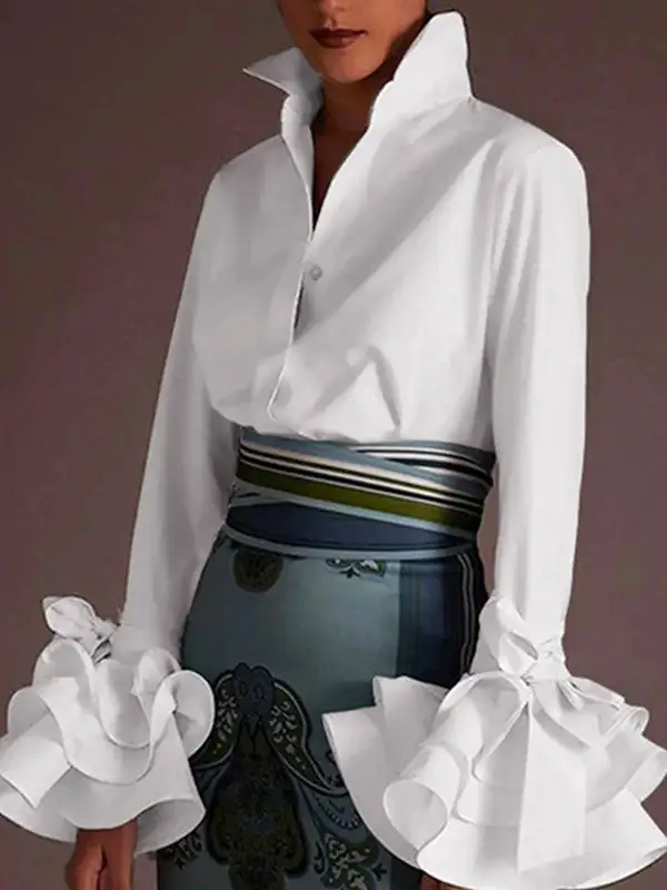 Women's Cotton Ruffled Lapel-Collar Blouse