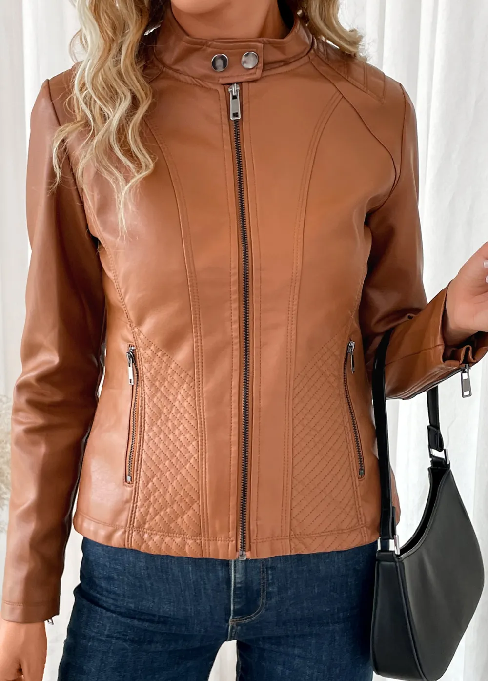 Dark Camel Pocket Long Sleeve High Neck Coat