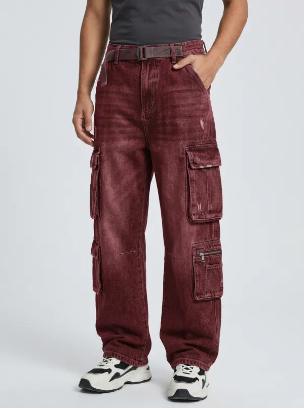 Men's Streetwear Washed Grey Multi-Pocket Belted Cargo Jeans