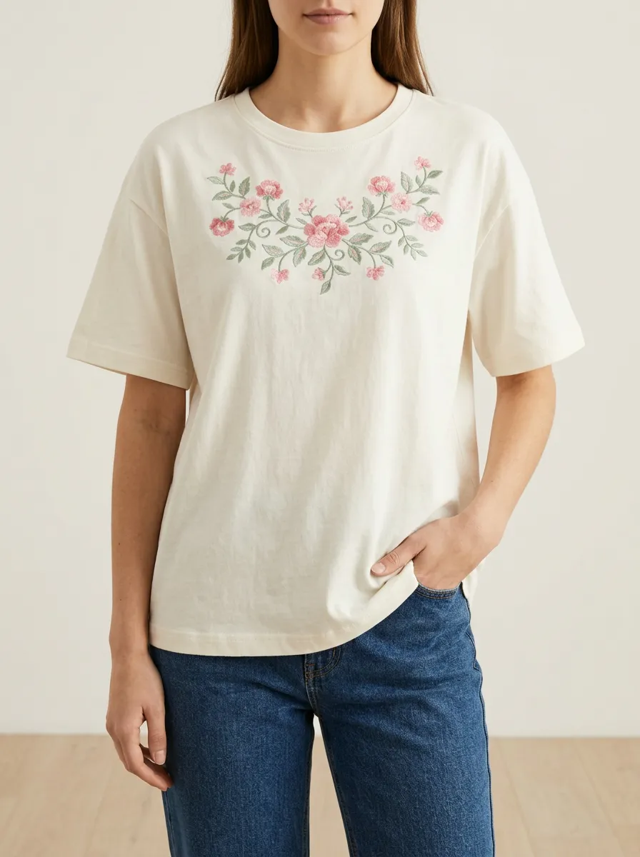 Women's Short Sleeve Everyday Top with Floral Print Embroidered Detail Detail