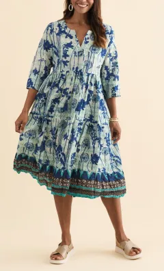 Round-Neck Floral Knee-Length Tiered Cotton Three-Quarter-Sleeve A-Line Dress