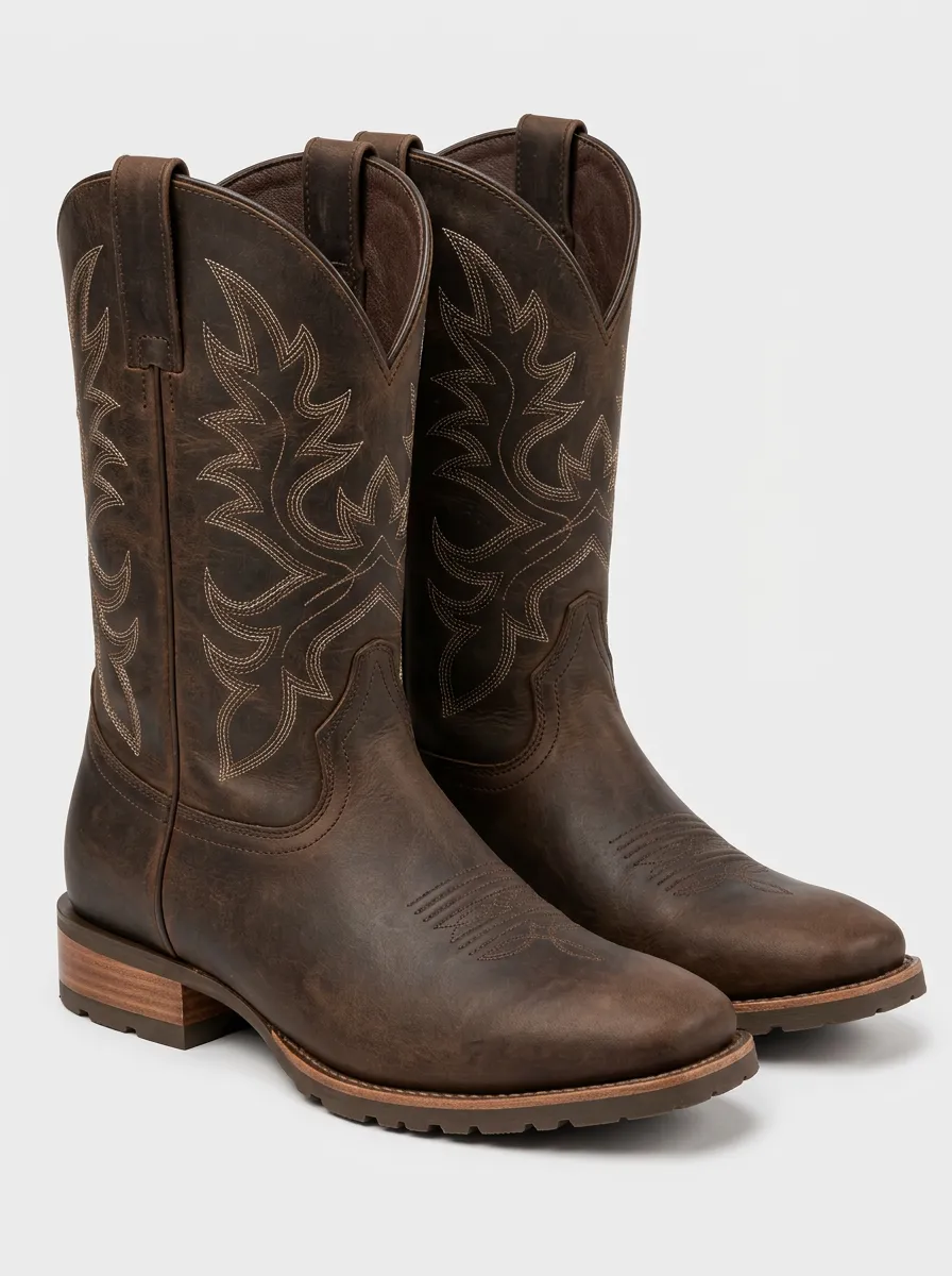 Men's Brown Cowboy Boots with Patterned Seams