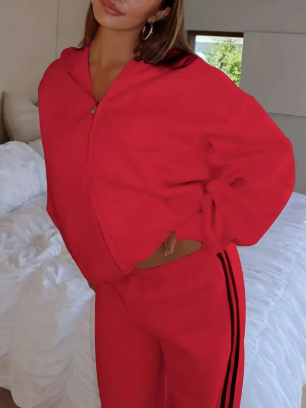 Zip Up Hoodie and Striped Pants Set