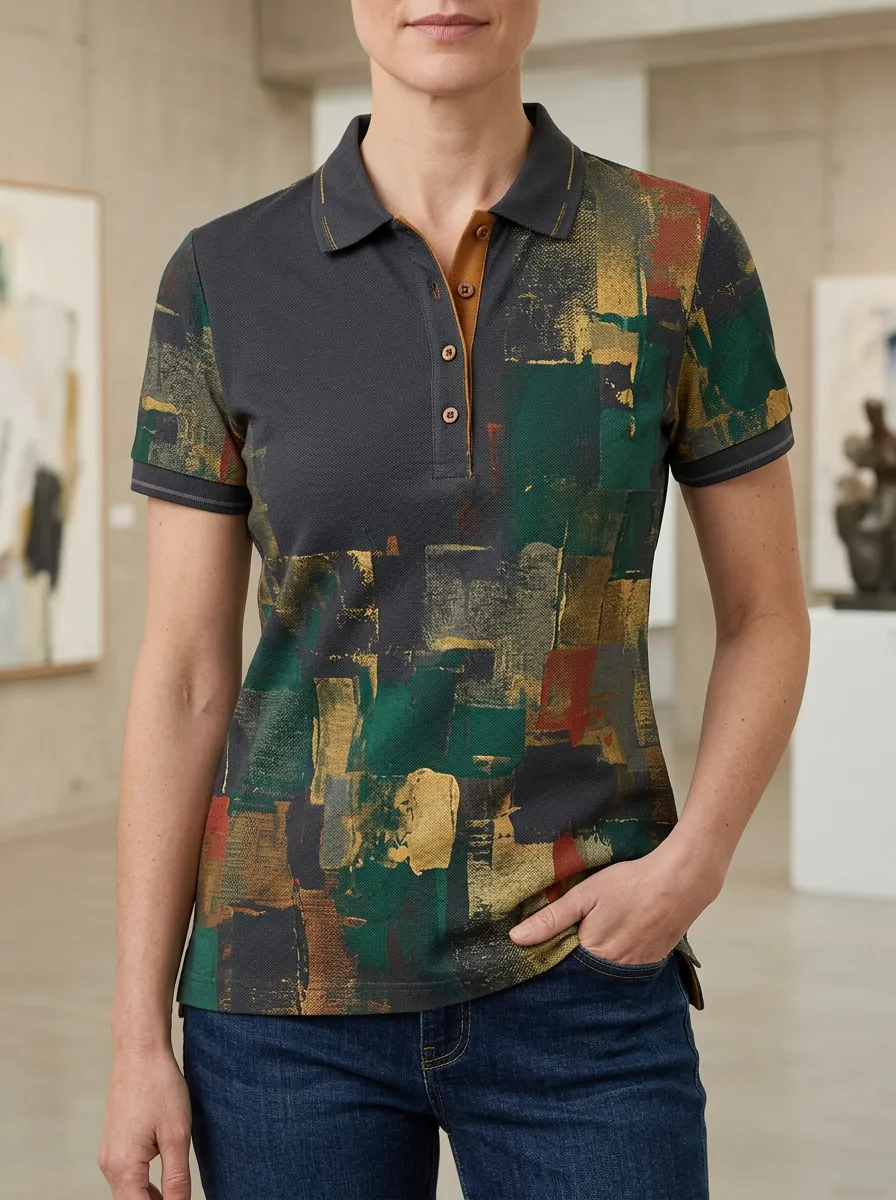 Women's Abstract Art Oil Painting Printed Polo Shirt
