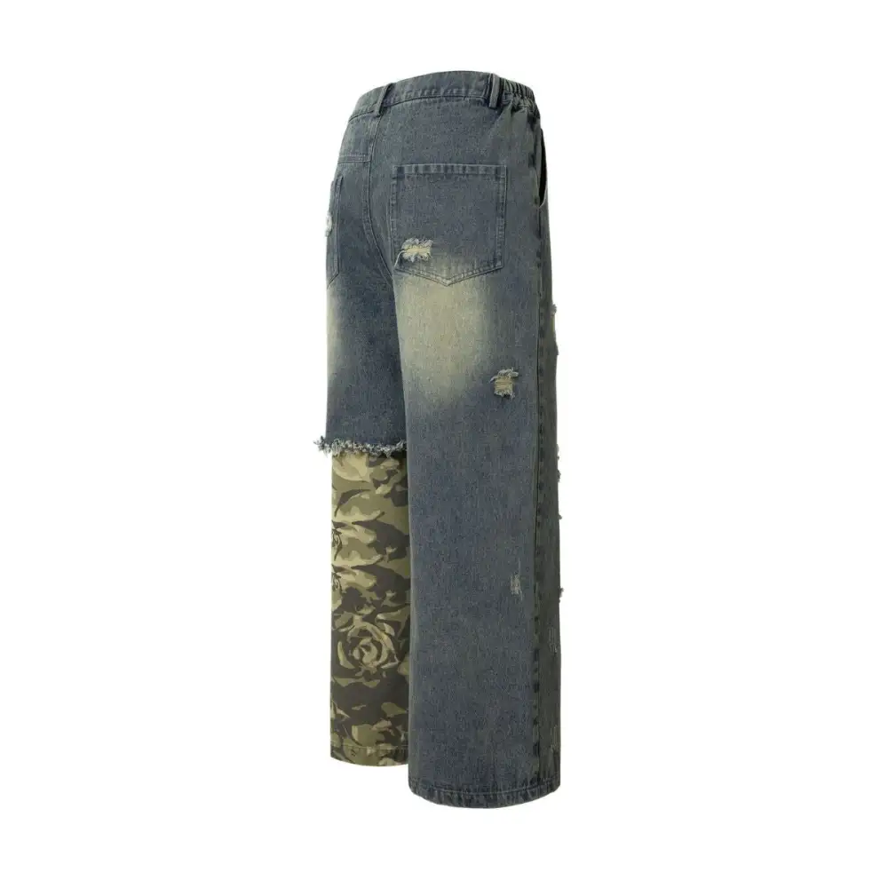 Ripped Camouflage Patchwork Denim Jeans