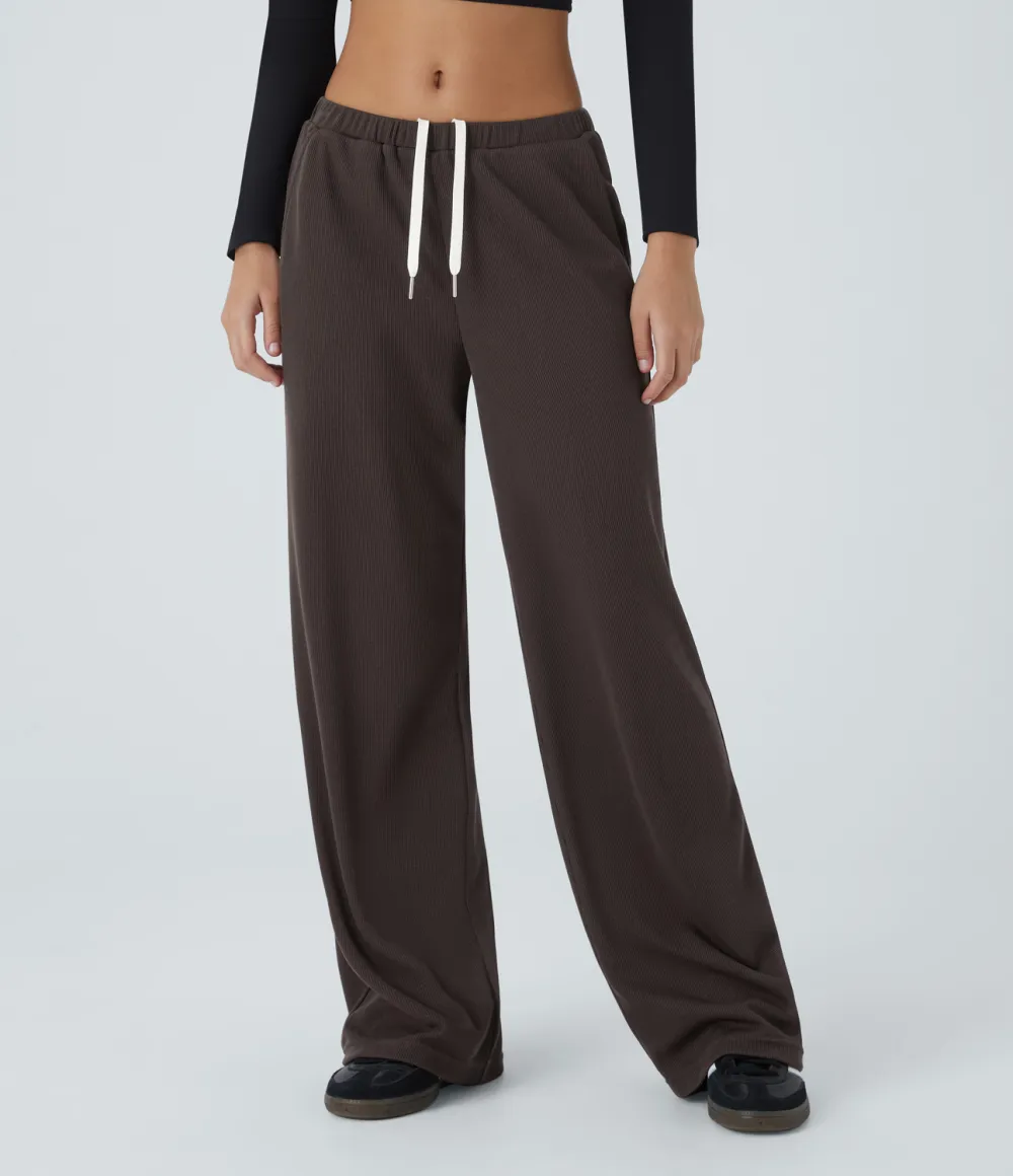 Ribbed Mid Low Rise Inside Drawstring Multiple Pockets Wide Leg Casual Pants