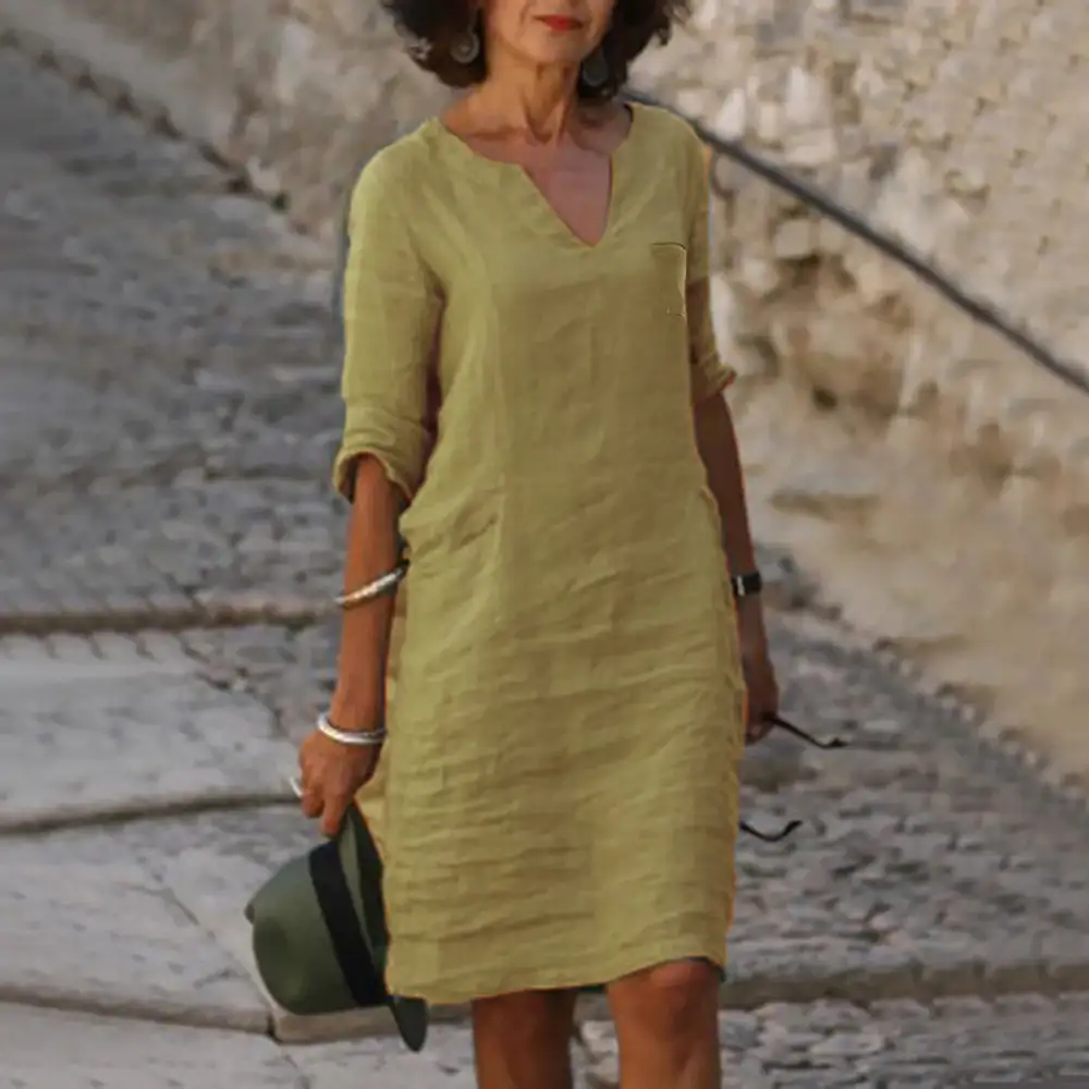 Women's V-Neck Three-Quarter-Sleeve Pocketed Dress