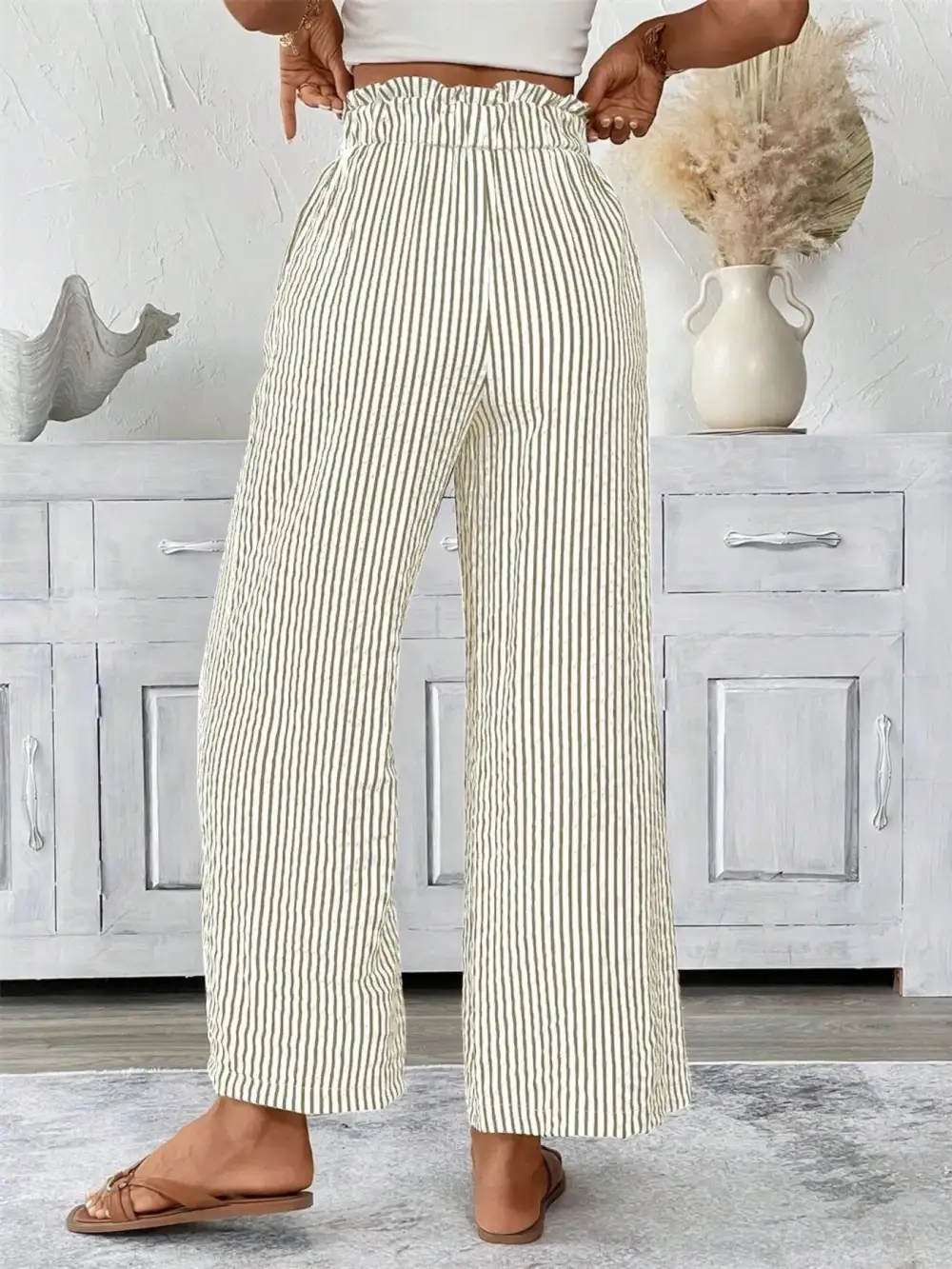 Wide Leg Paperbag Waist Striped Cropped Pants
