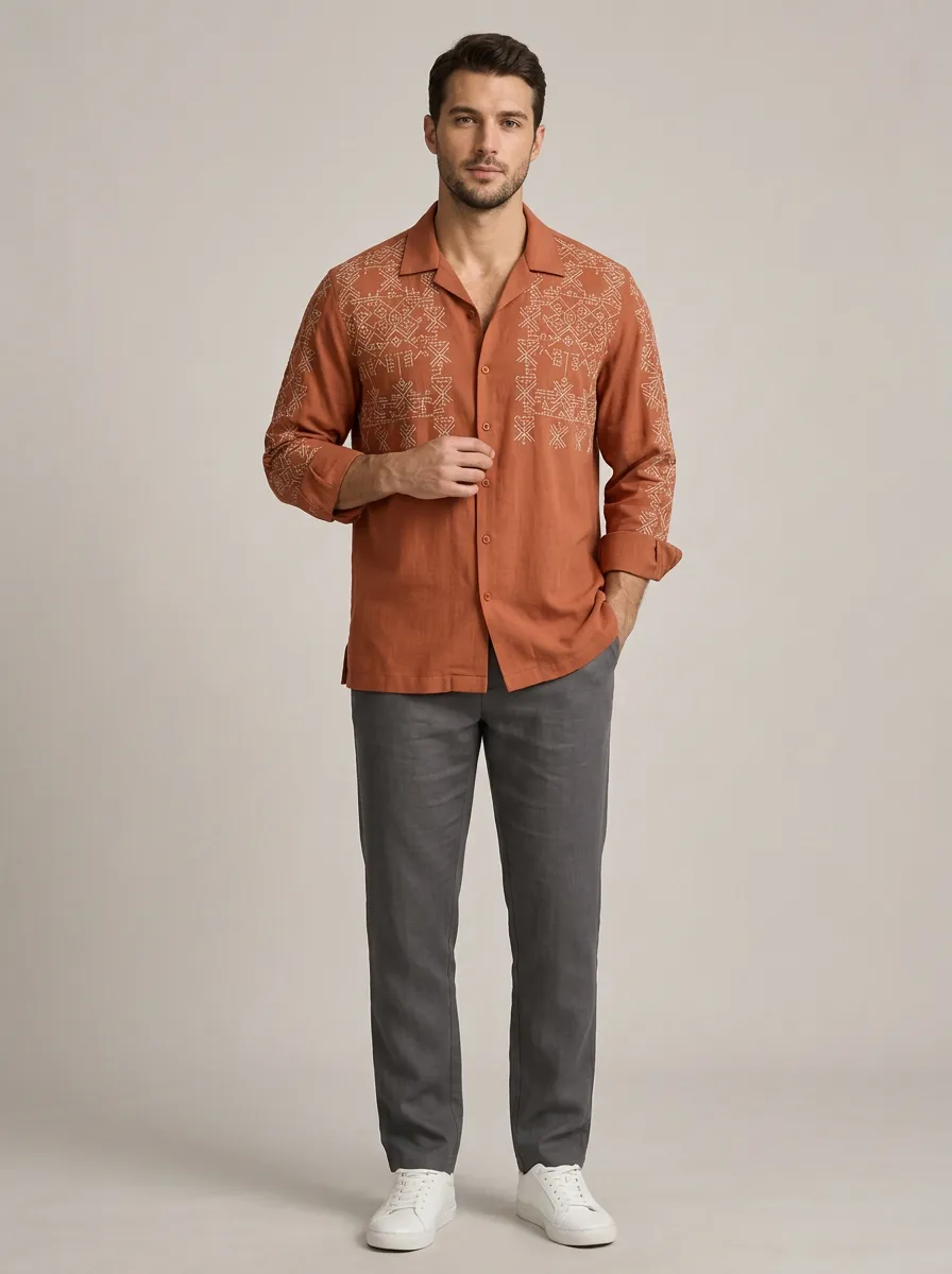 Men's Geometric Boho Refined Printed Linen Shirt