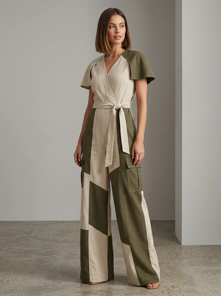 Women's Patchwork Colorblock Cargo Jumpsuit