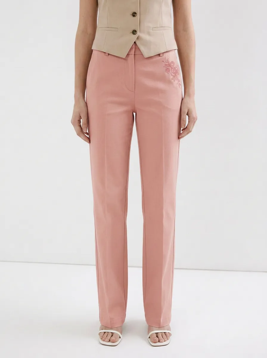 Women's Floral Embroidery Beige Mid-Rise Straight Leg Trousers