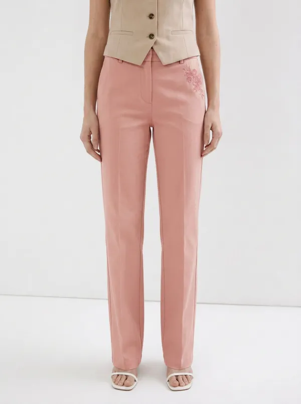 Women's Floral Embroidery Beige Mid-Rise Straight Leg Trousers