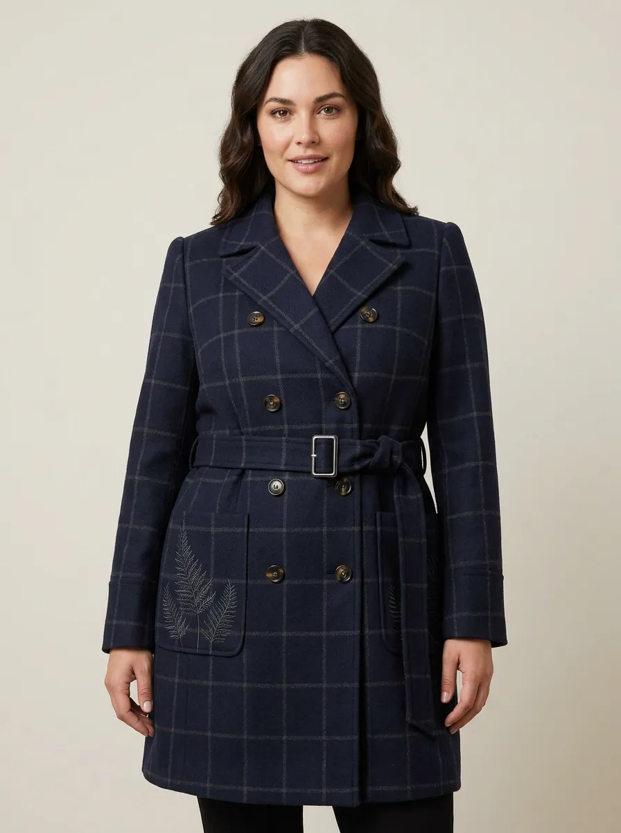 Women's Navy Plaid Fern Embroidered Belted Trench Coat