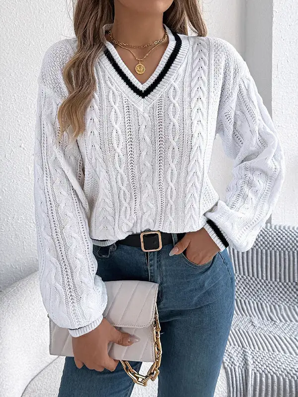 Cable Knit Paneled V-Neck Puff Sleeve Long Sleeve Knit Top