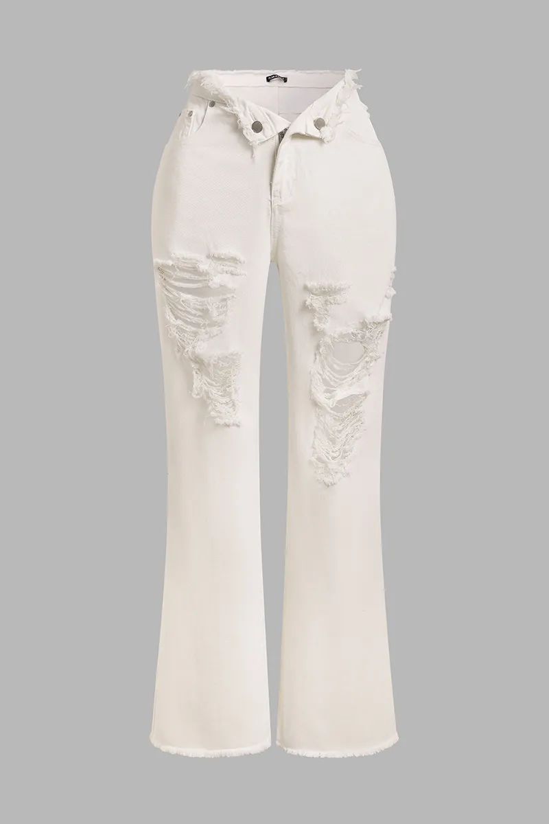 Mid Waist Ripped Raw Hem Flare Jeans