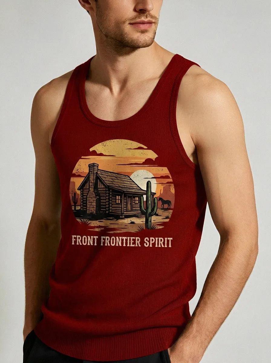 Men's Western Frontier Spirit Cabin Cactus Printed Tank Top