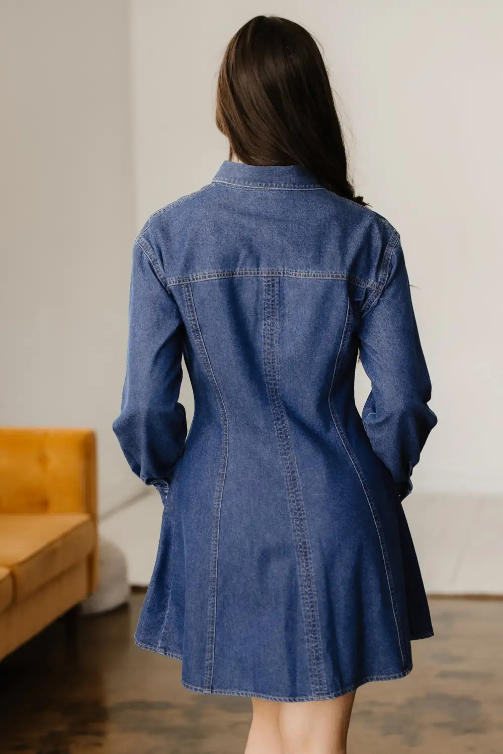 Women's Denim Long Sleeve Flared Mini Dress