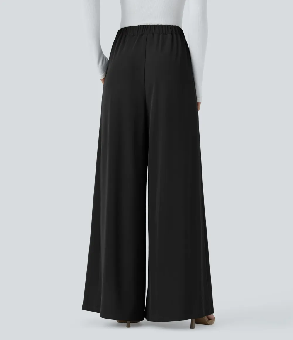 High Waisted Decorative Button Plicated Side Pocket Wide Leg Work Pants