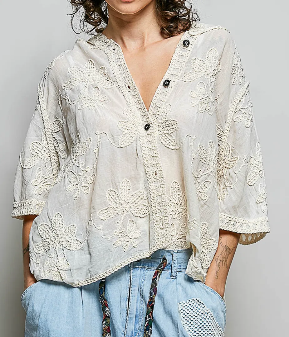 Floral Crochet Button Front Relaxed Blouse