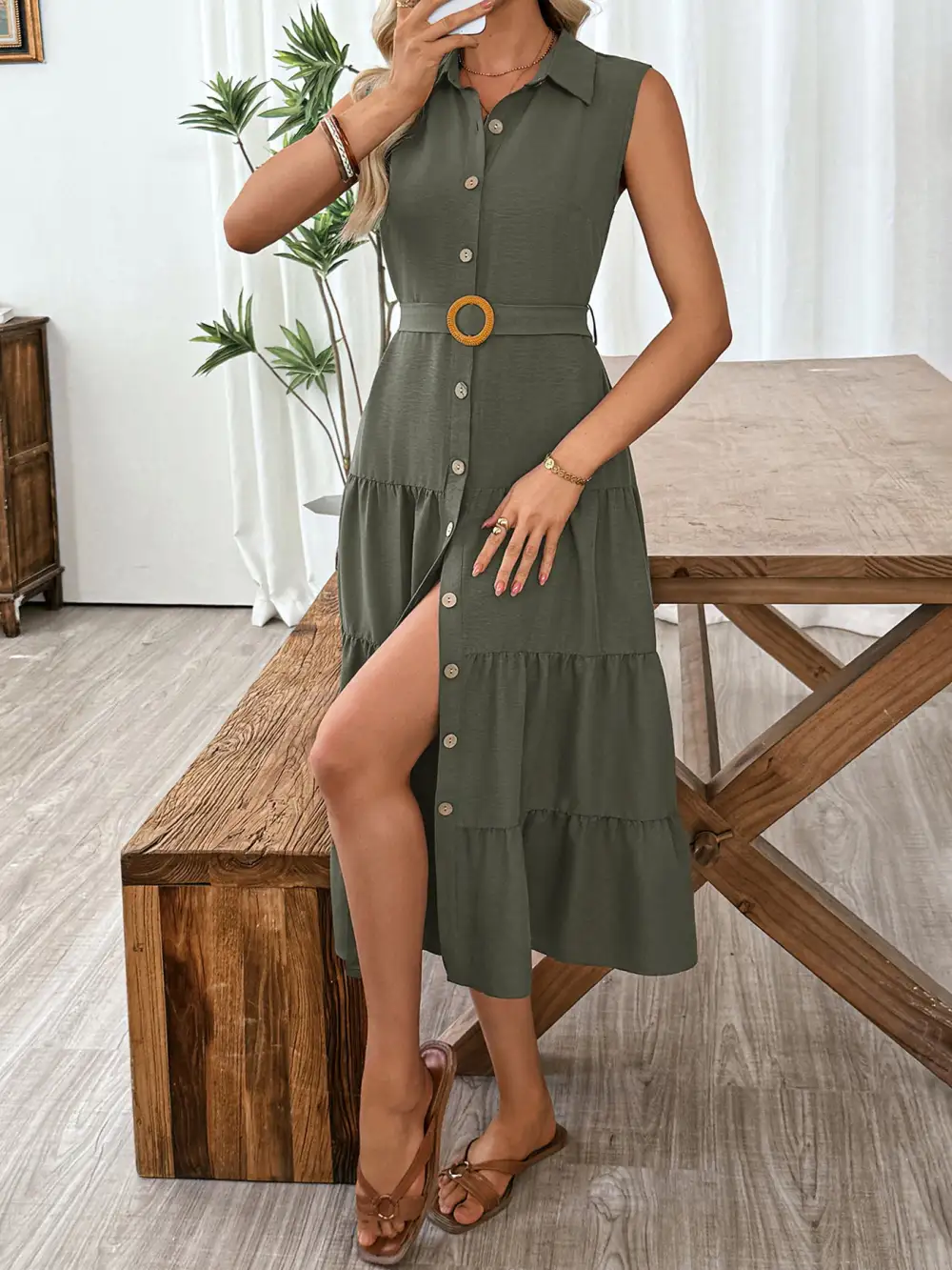 Button Front Tiered Sleeveless Midi Dress